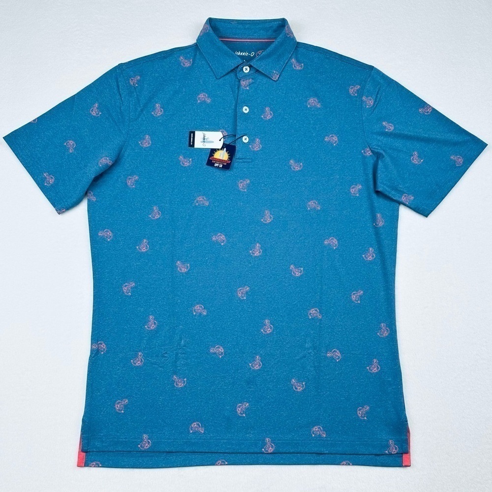 Johnnie-O Men’s Prep-formance Flamingo Floaty Lake Blue Golf Polo Shirt - Picture 2 of 10